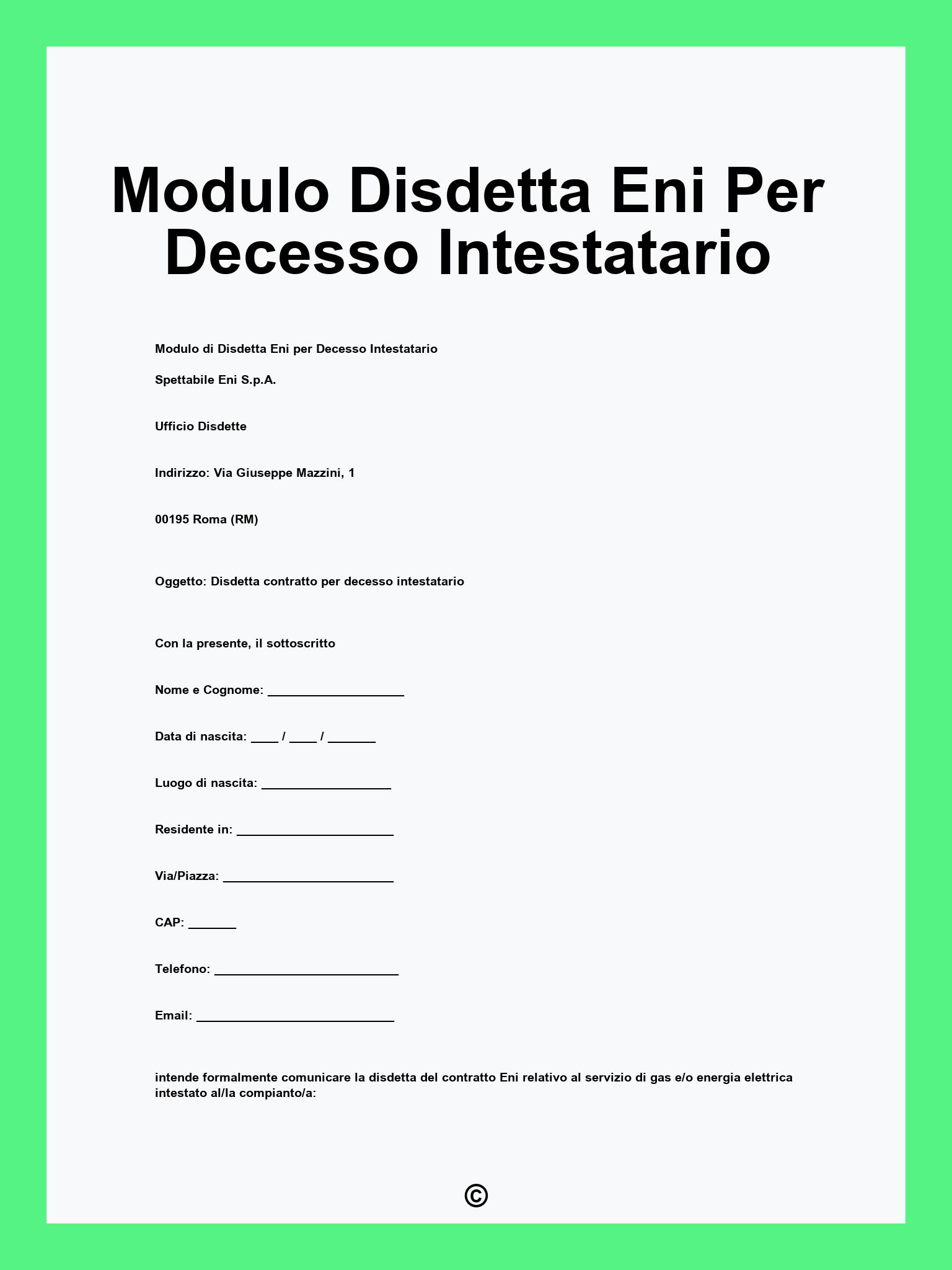 Modulo Disdetta Eni Per Decesso Intestatario