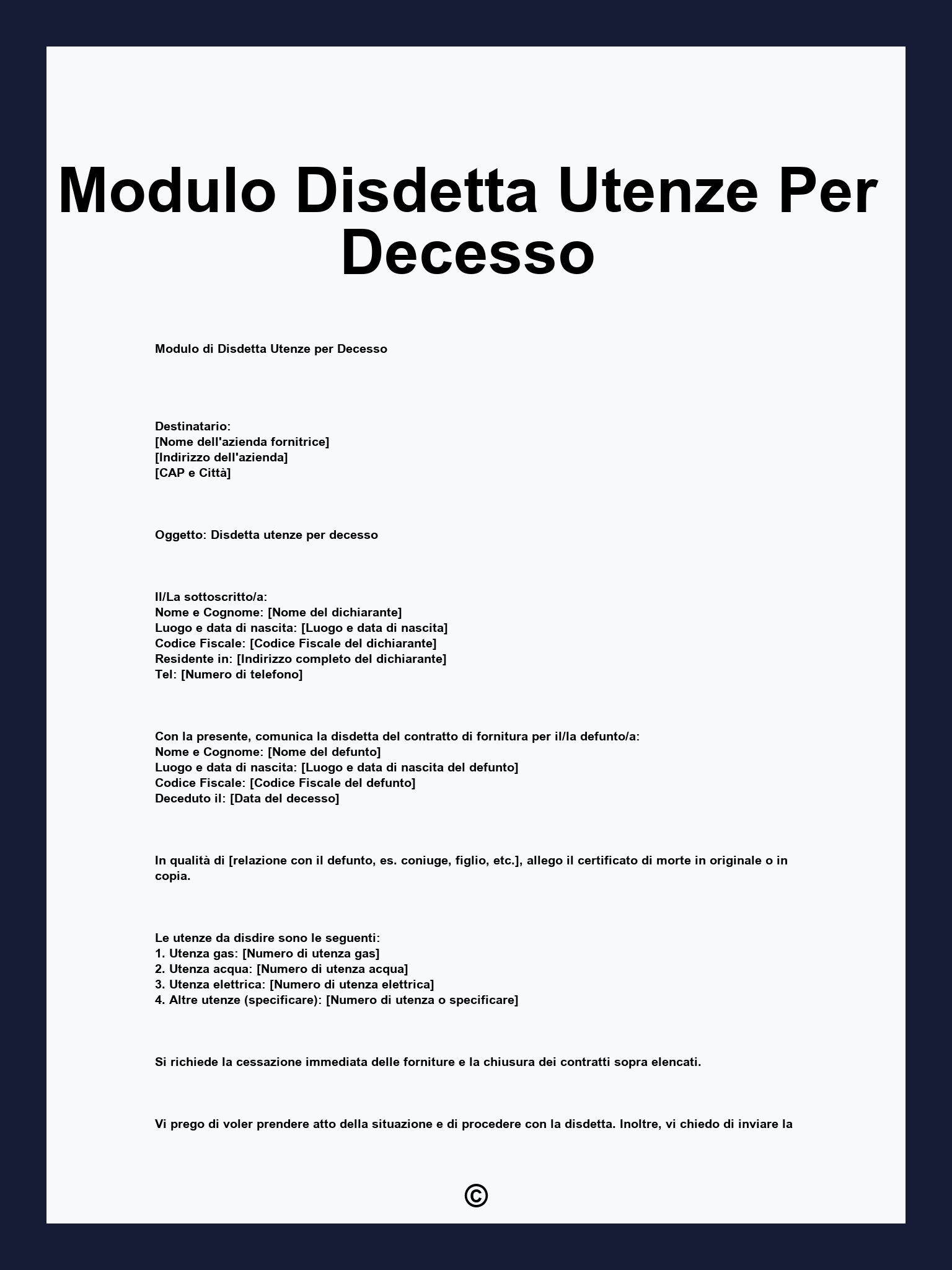 Modulo Disdetta Utenze Per Decesso